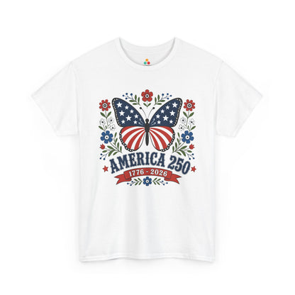 TEEZOCA womens butterfly t shirt with patriotic butterfly tee styling, America 250 text, and feminine wildflower artwork.