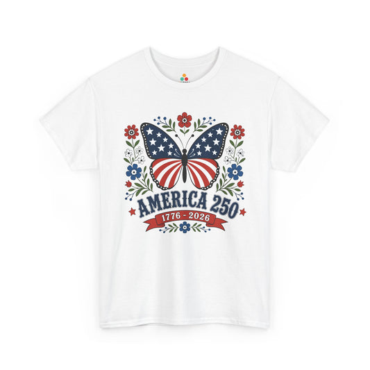 TEEZOCA womens butterfly t shirt with patriotic butterfly tee styling, America 250 text, and feminine wildflower artwork.