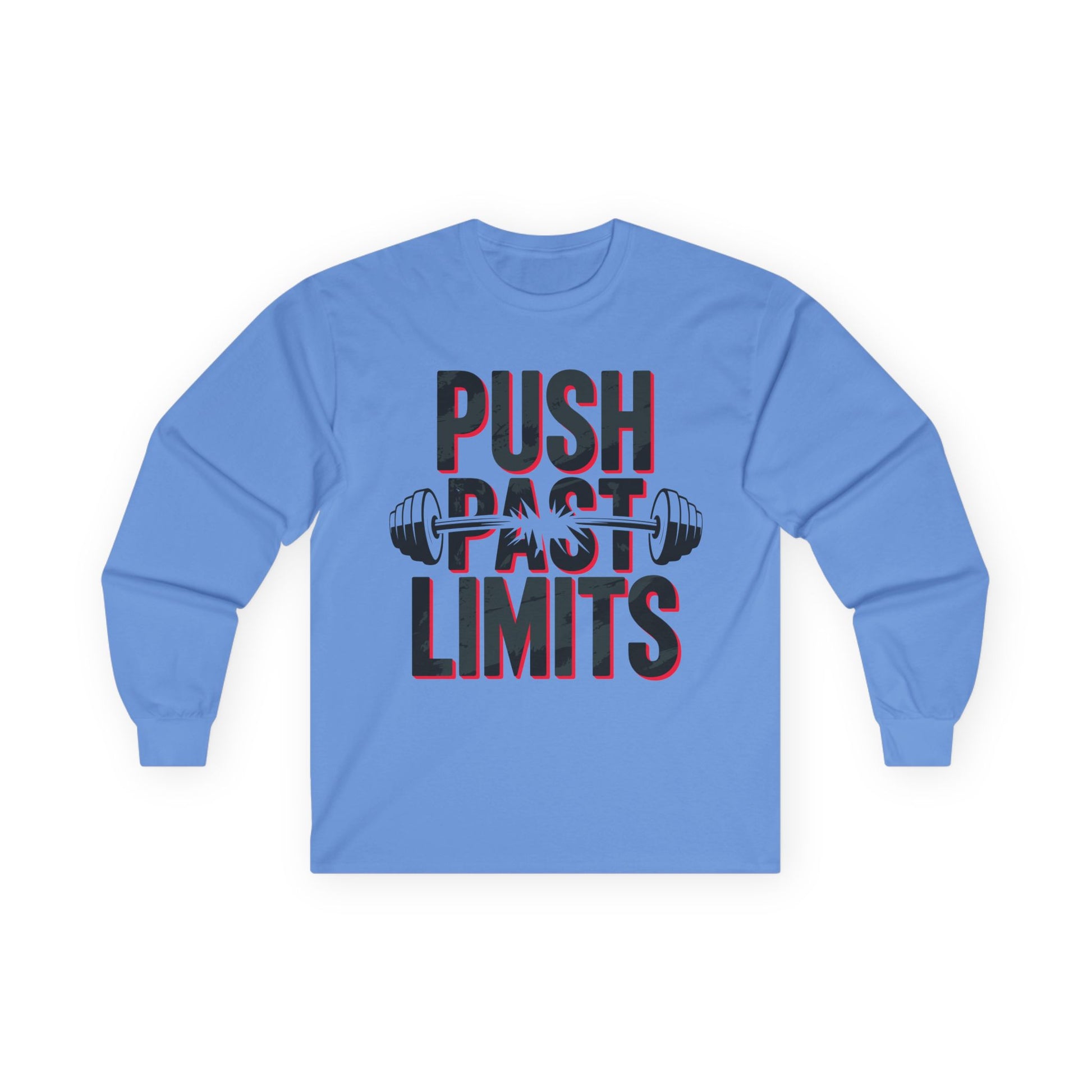 TEEZOCA workout mindset barbell graphic long-sleeve shirt Blue long-sleeve shirt with 'Push Past Limits' text and barbell graphic on a white background