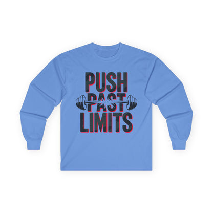 TEEZOCA workout mindset barbell graphic long-sleeve shirt Blue long-sleeve shirt with 'Push Past Limits' text and barbell graphic on a white background