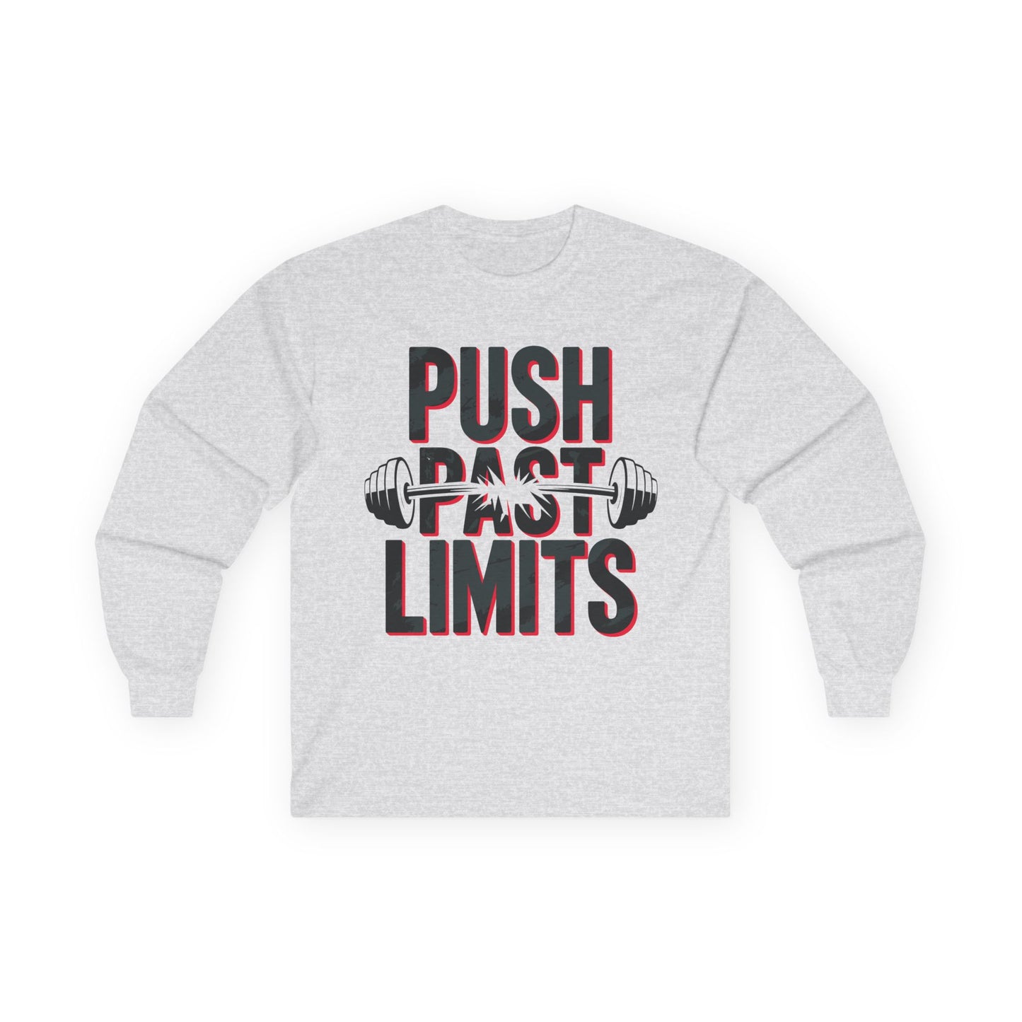 TEEZOCA workout mindset barbell graphic long-sleeve shirt Gray sweatshirt with 'Push Past Limits' text and barbell graphic on a white background