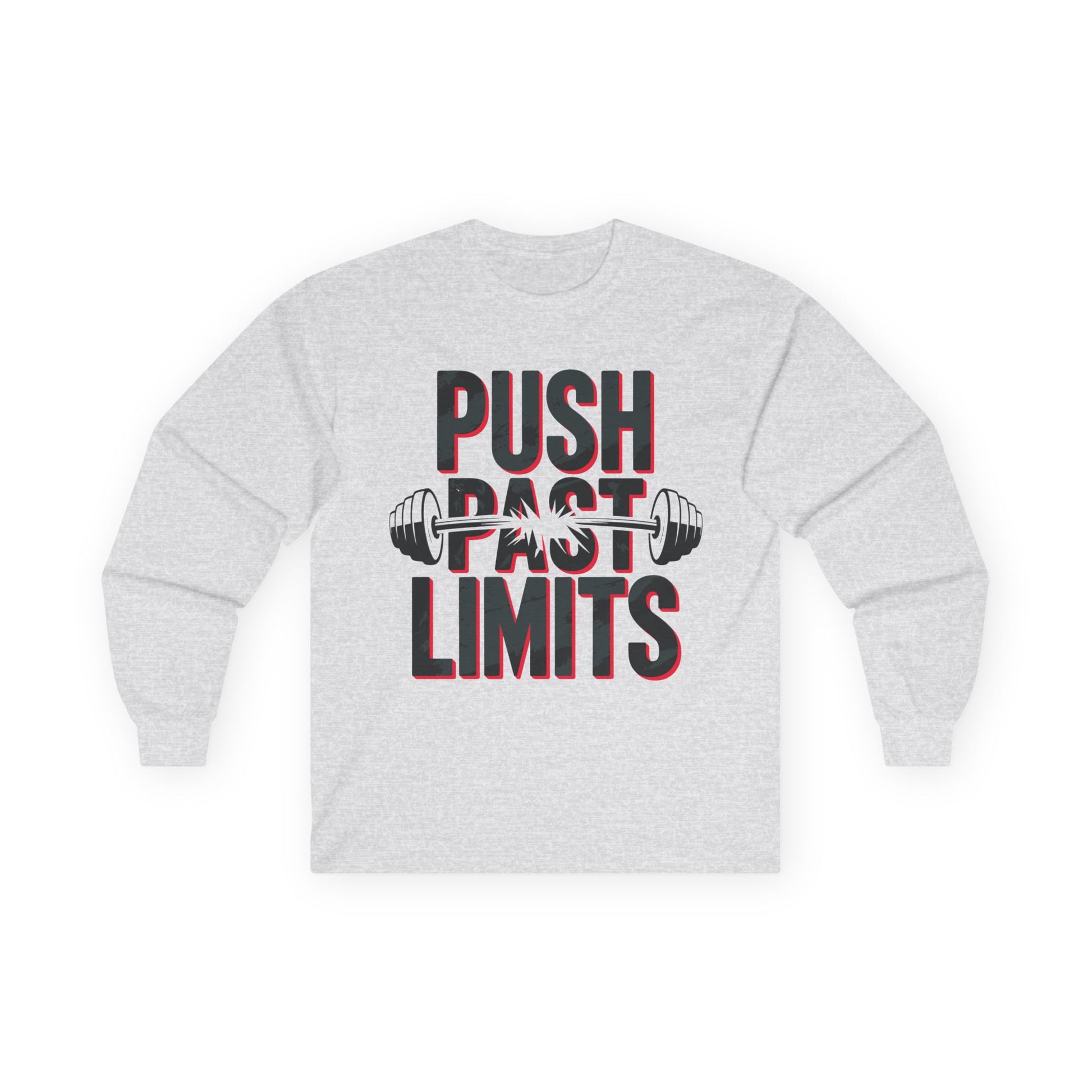 TEEZOCA workout mindset barbell graphic long-sleeve shirt Gray sweatshirt with 'Push Past Limits' text and barbell graphic on a white background