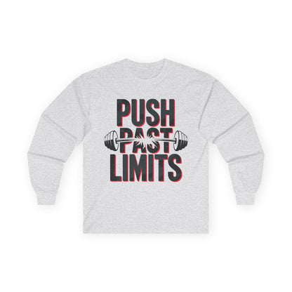 TEEZOCA workout mindset barbell graphic long-sleeve shirt Gray sweatshirt with 'Push Past Limits' text and barbell graphic on a white background