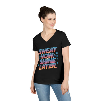 Sweat Now Shine Later Motivational Fitness V-Neck T-Shirt | TEEZOCA 