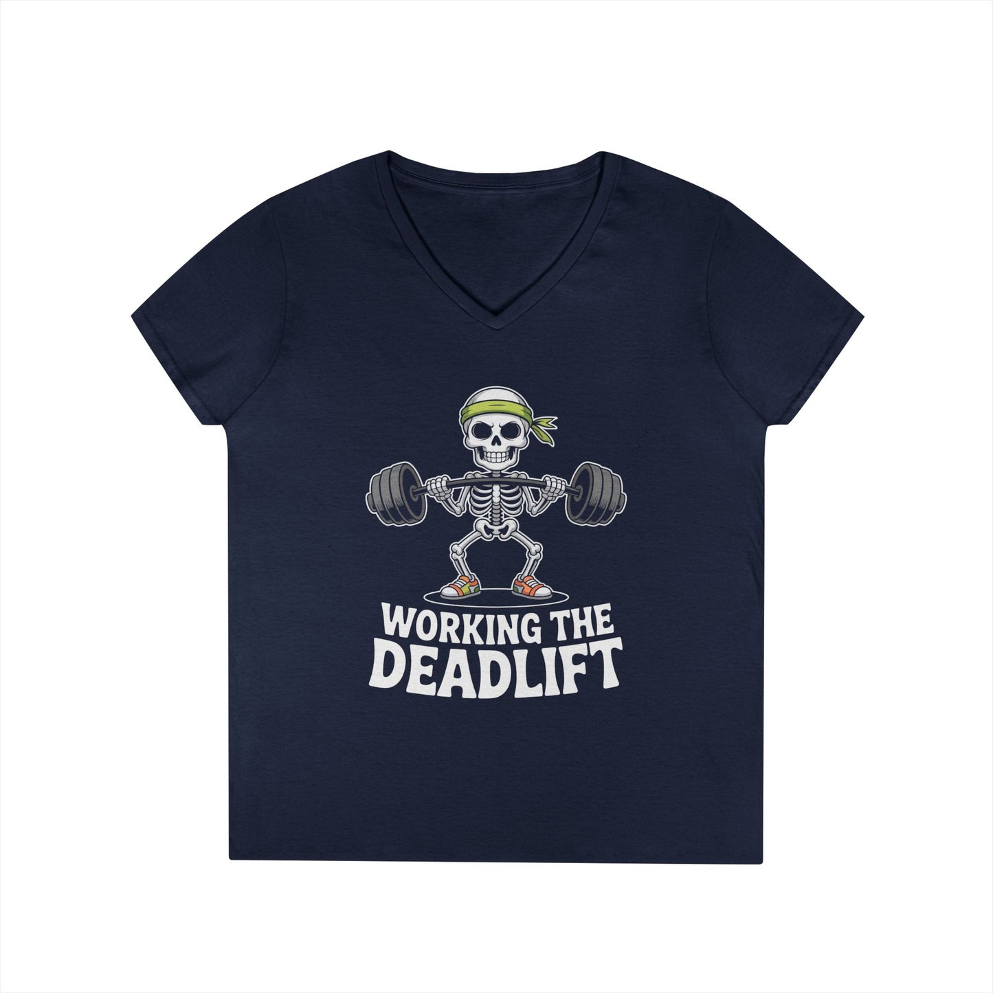 Working The Deadlift Skeleton Gym Humor V-Neck T-Shirt for Women | TEEZOCA 