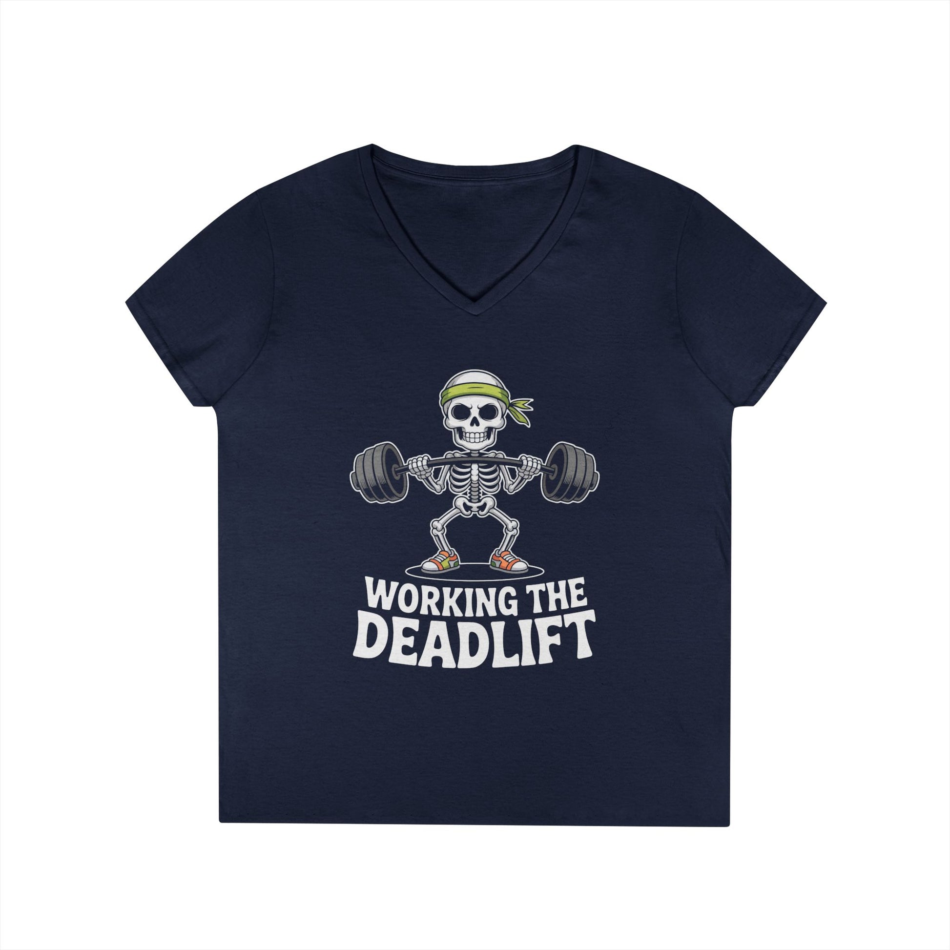 Working The Deadlift Skeleton Gym Humor V-Neck T-Shirt for Women | TEEZOCA 