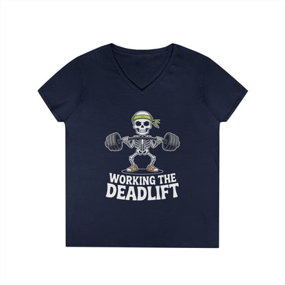 Working The Deadlift Skeleton Gym Humor V-Neck T-Shirt for Women | TEEZOCA 