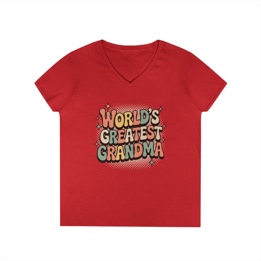 TEEZOCA world’s greatest grandma V-Neck T-Shirt with retro lettering World’s Greatest Grandma V-Neck T-Shirt Retro Celebration Statement Tee | TEEZOCA 