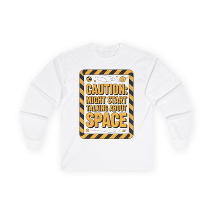 TEEZOCA yellow caution style space humor shirt White sweatshirt with a graphic design featuring text on a white background