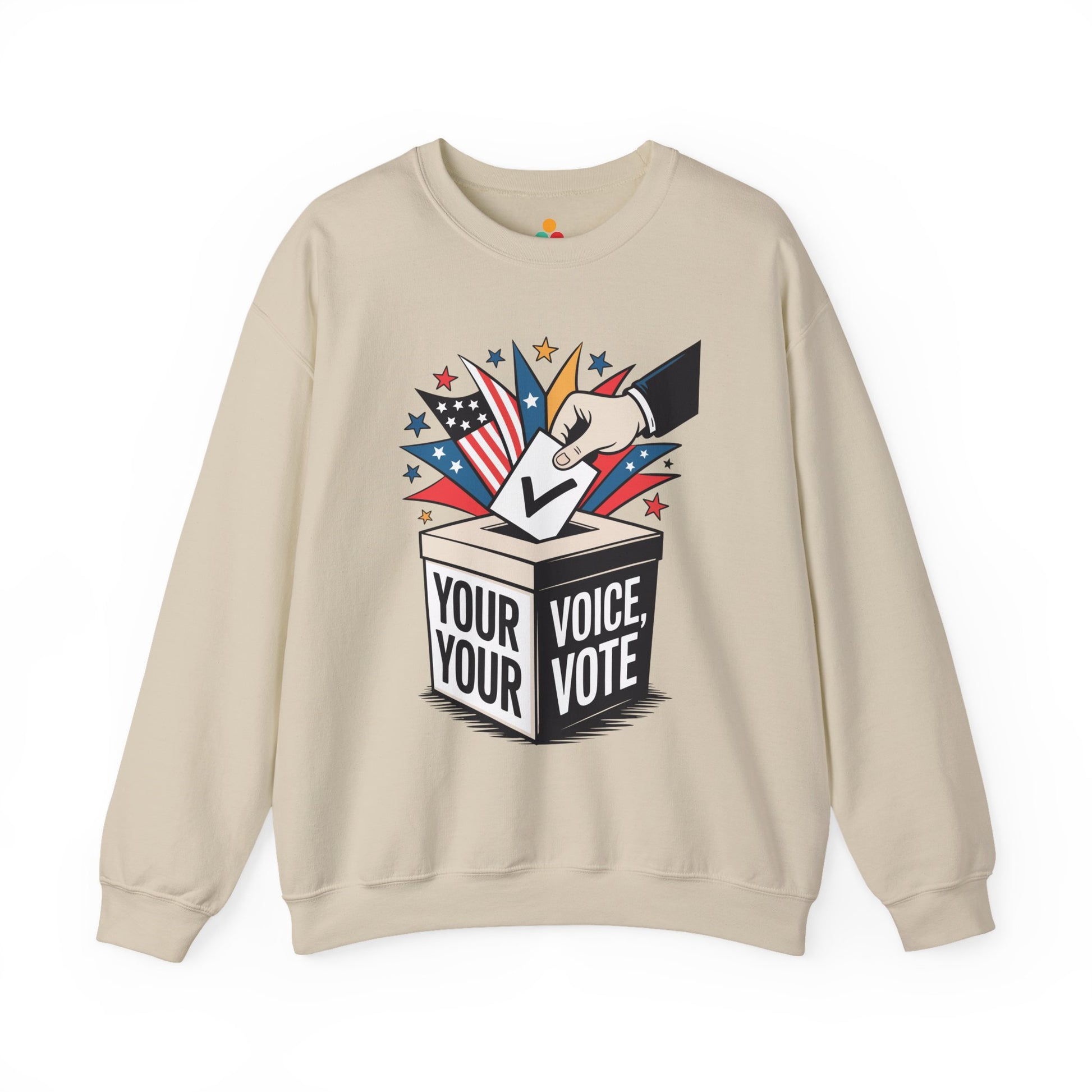 TEEZOCA your voice your vote sweatshirt with ballot box graphic design Beige sweatshirt with a graphic of a hand placing a ballot in a box labeled 'Your Voice, Your Vote' on a white background.