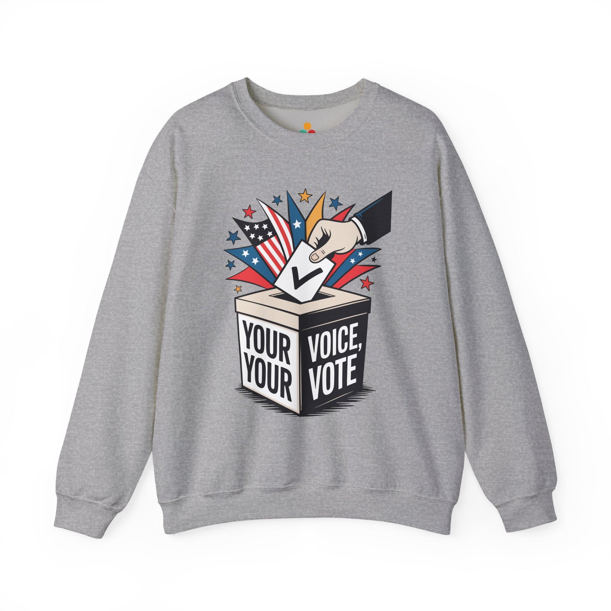 TEEZOCA your voice your vote sweatshirt with ballot box graphic design Gray sweatshirt with a graphic of a hand placing a ballot in a box labeled 'Your Voice, Your Vote' on a white background.