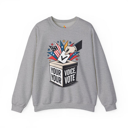 TEEZOCA your voice your vote sweatshirt with ballot box graphic design Gray sweatshirt with a graphic of a hand placing a ballot in a box labeled 'Your Voice, Your Vote' on a white background.