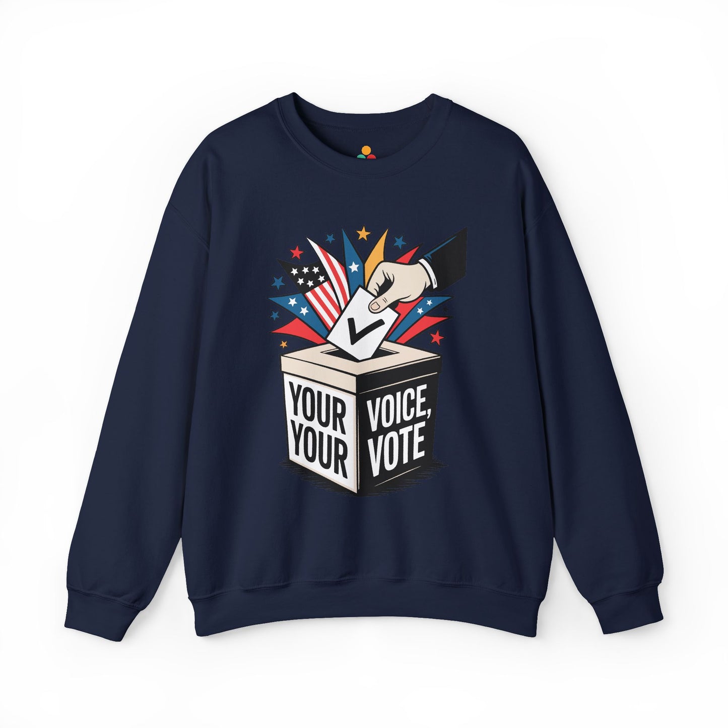 TEEZOCA your voice your vote sweatshirt with ballot box graphic design Navy blue sweatshirt with a graphic of a hand placing a ballot into a box labeled 'Your Voice, Your Vote' on a white background.