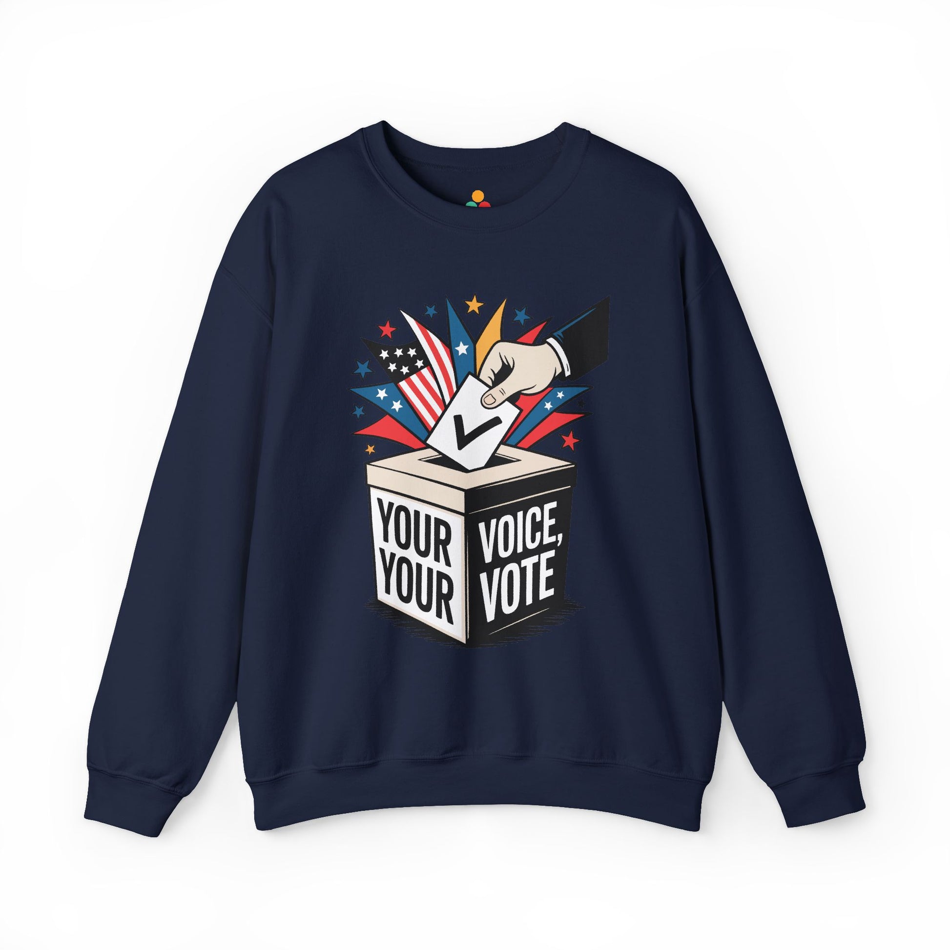 TEEZOCA your voice your vote sweatshirt with ballot box graphic design Navy blue sweatshirt with a graphic of a hand placing a ballot into a box labeled 'Your Voice, Your Vote' on a white background.