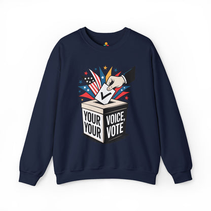 TEEZOCA your voice your vote sweatshirt with ballot box graphic design Navy blue sweatshirt with a graphic of a hand placing a ballot into a box labeled 'Your Voice, Your Vote' on a white background.