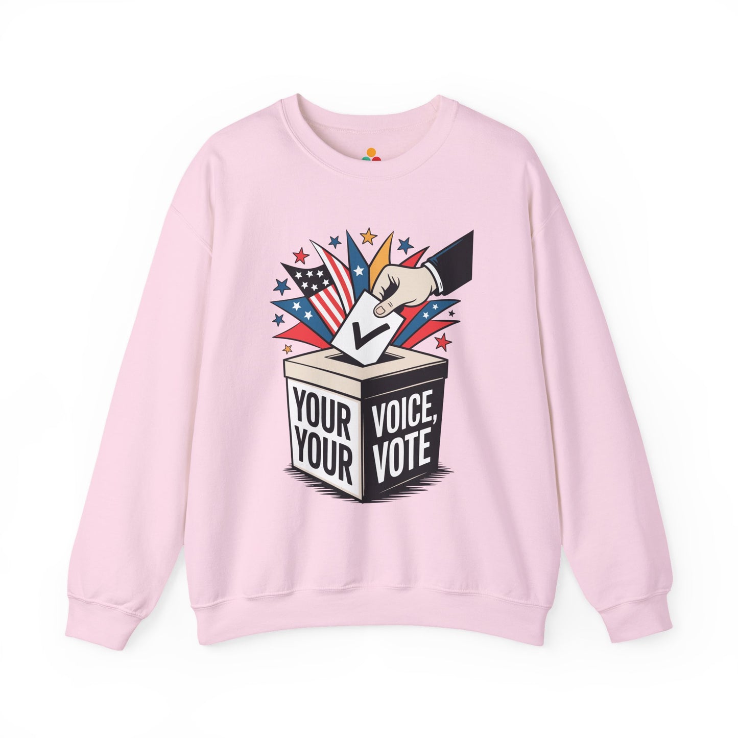TEEZOCA your voice your vote sweatshirt with ballot box graphic design Pink sweatshirt with a graphic design of a hand placing a ballot in a box labeled 'Your Voice, Your Vote' on a white background.