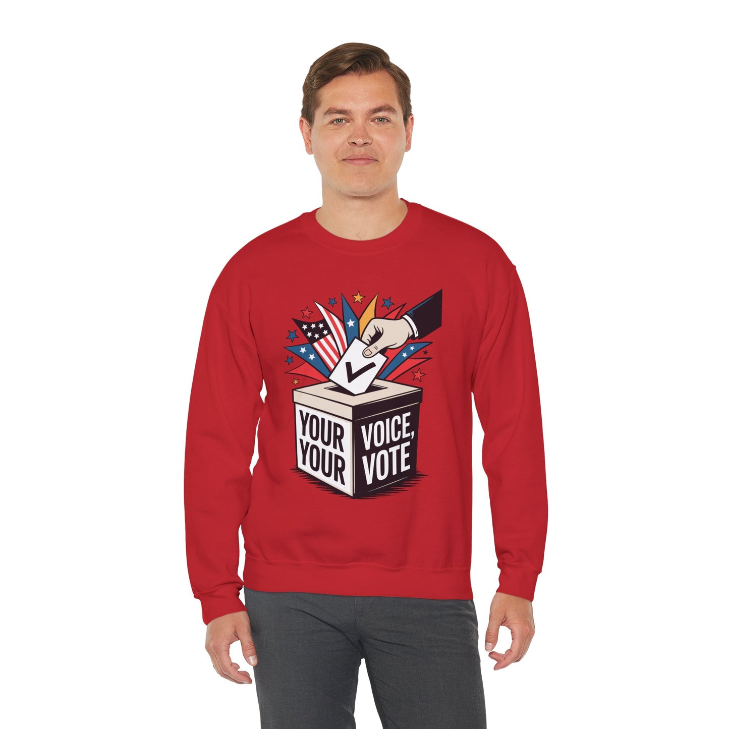 TEEZOCA your voice your vote sweatshirt with ballot box graphic design Red sweatshirt with a graphic design and text, worn by a person on a white background