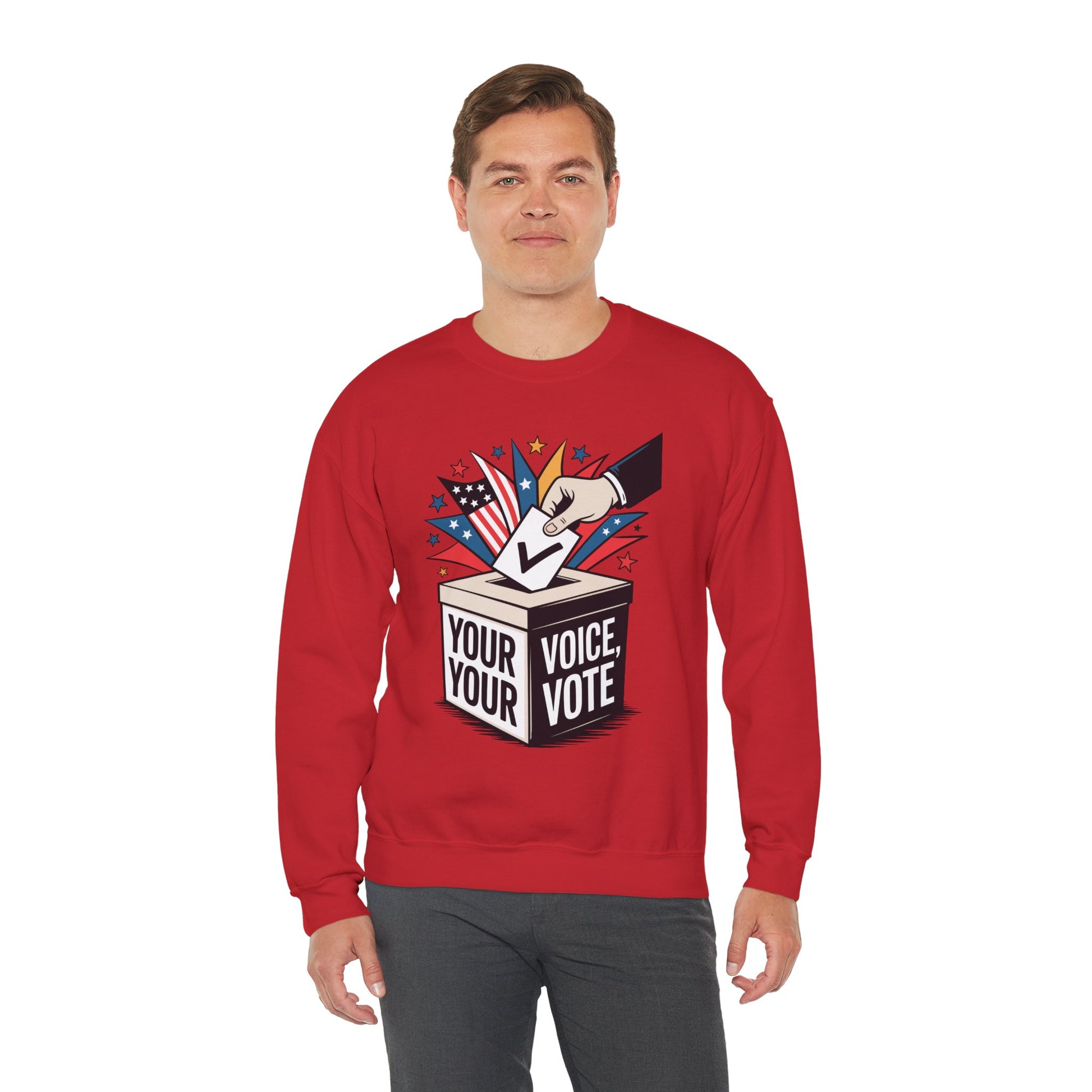 TEEZOCA your voice your vote sweatshirt with ballot box graphic design Red sweatshirt with a graphic design and text, worn by a person on a white background
