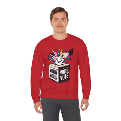 TEEZOCA your voice your vote sweatshirt with ballot box graphic design Red sweatshirt with a graphic design and text, worn by a person on a white background