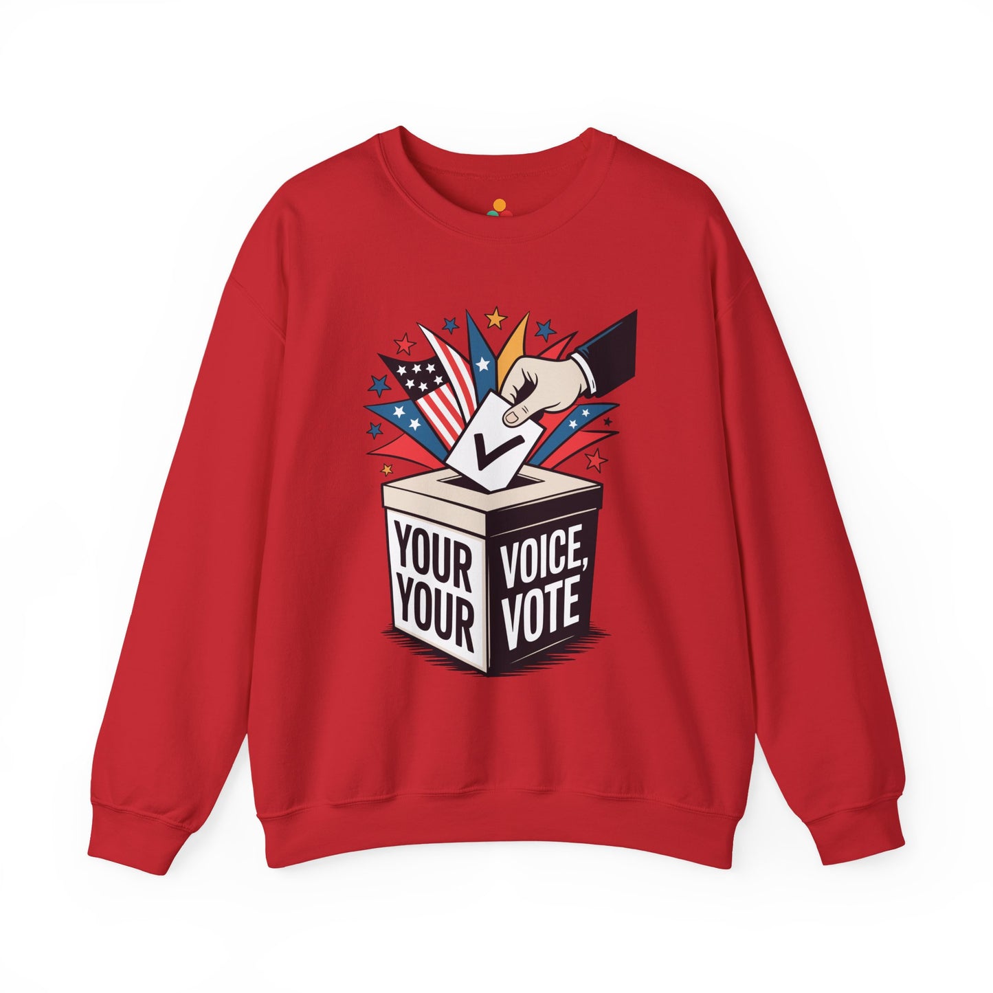 TEEZOCA your voice your vote sweatshirt with ballot box graphic design Red sweatshirt with a graphic of a hand placing a ballot in a box labeled 'Your Voice, Your Vote' on a white background.