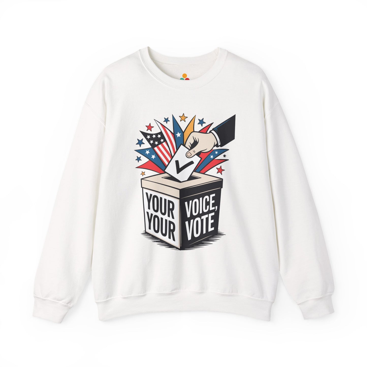 TEEZOCA your voice your vote sweatshirt with ballot box graphic design White sweatshirt with a graphic design on a white background