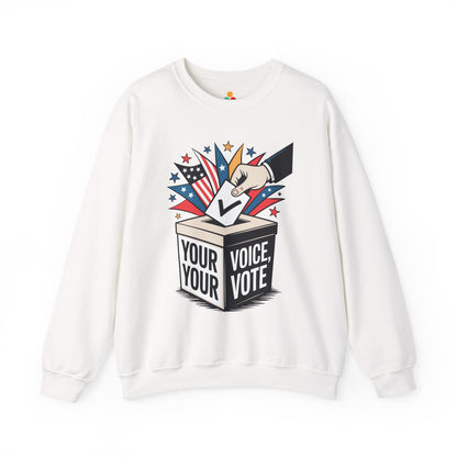 TEEZOCA your voice your vote sweatshirt with ballot box graphic design White sweatshirt with a graphic design on a white background