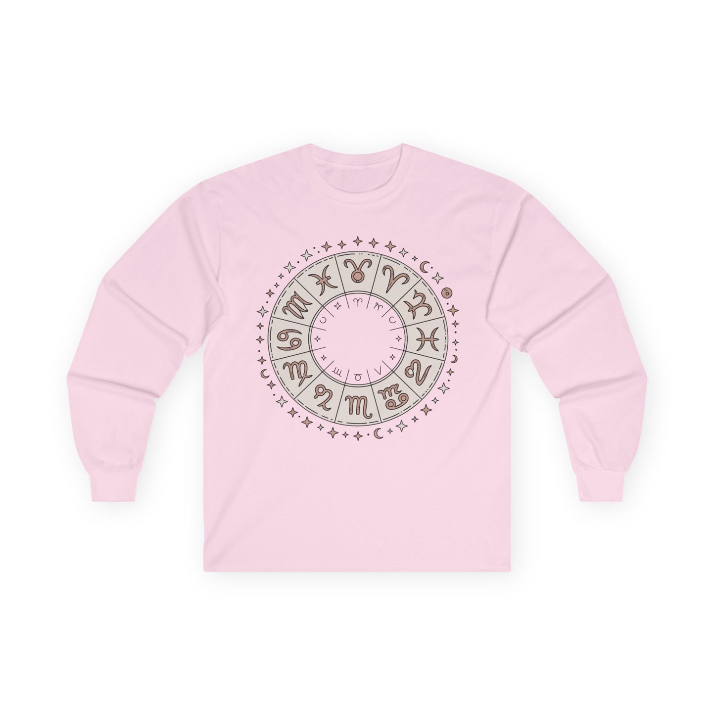 TEEZOCA zodiac wheel astrology design on unisex long-sleeve t-shirt Pink sweatshirt with a circular design on a white background