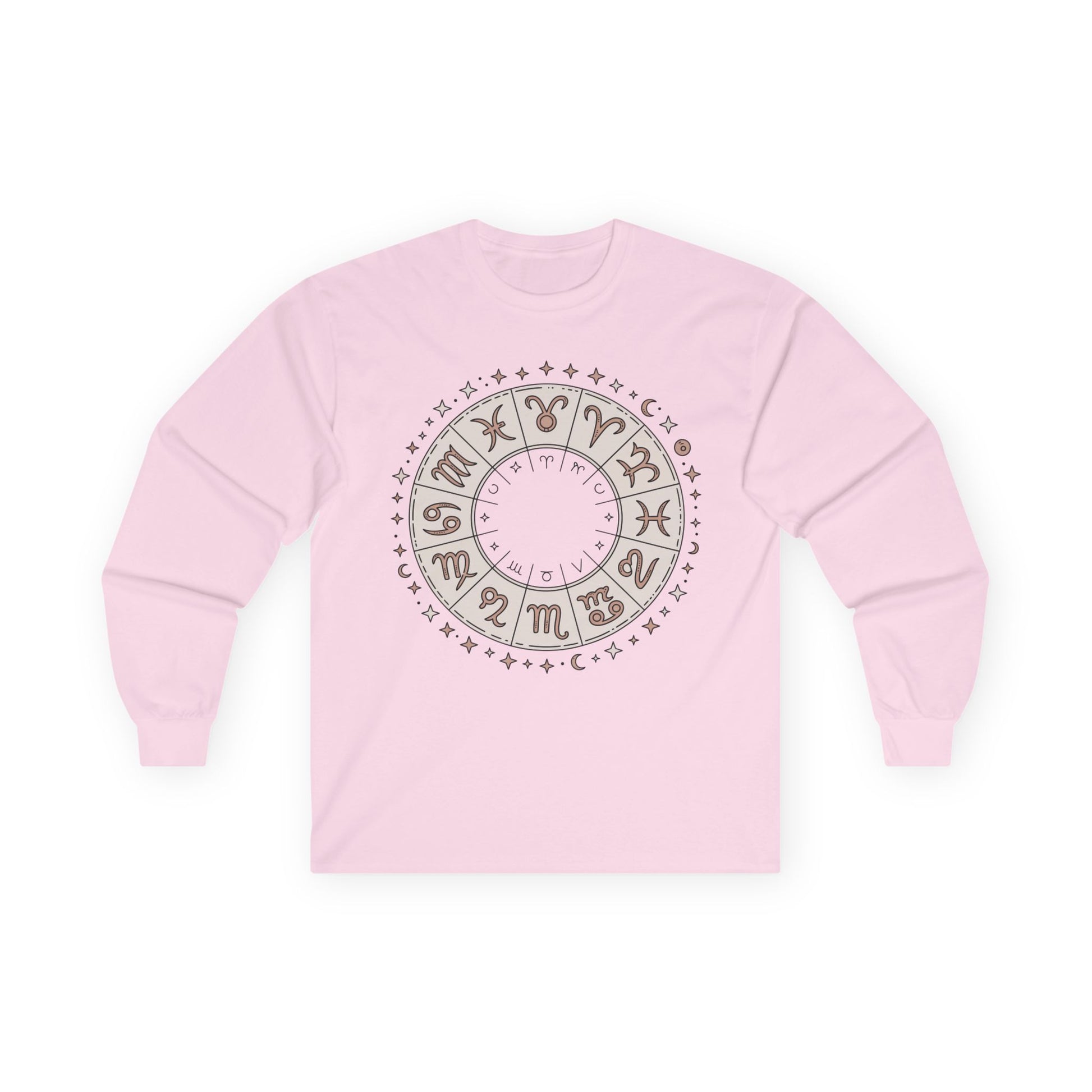 TEEZOCA zodiac wheel astrology design on unisex long-sleeve t-shirt Pink sweatshirt with a circular design on a white background