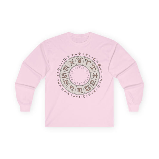 TEEZOCA zodiac wheel astrology design on unisex long-sleeve t-shirt Pink sweatshirt with a circular design on a white background