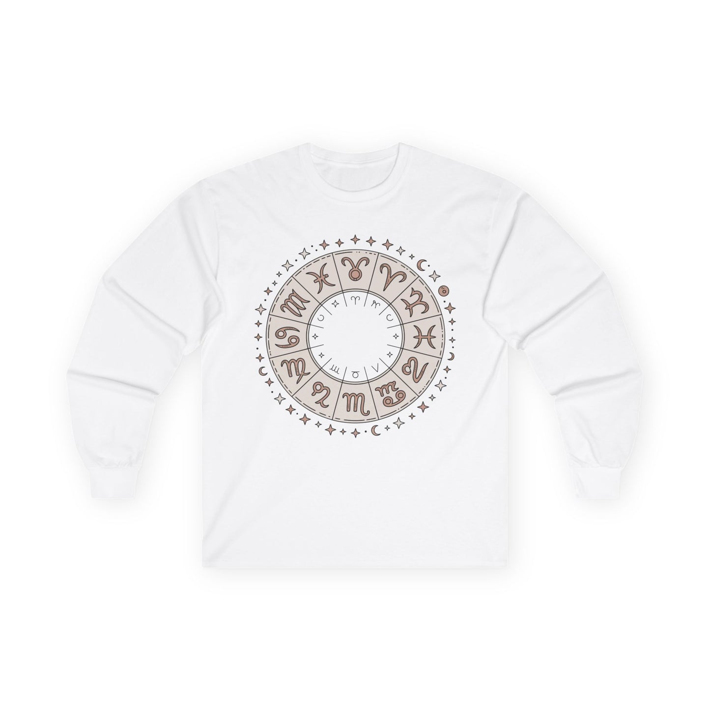 TEEZOCA zodiac wheel astrology design on unisex long-sleeve t-shirt White sweatshirt with a circular design featuring symbols on a white background