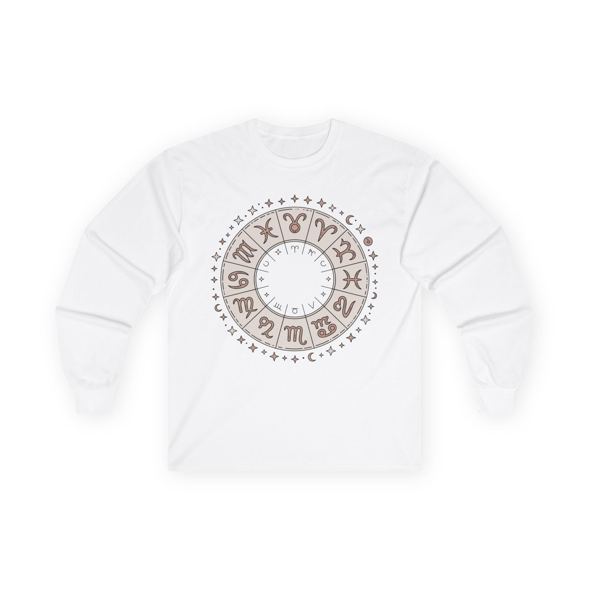 TEEZOCA zodiac wheel astrology design on unisex long-sleeve t-shirt White sweatshirt with a circular design featuring symbols on a white background