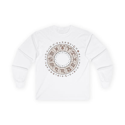 TEEZOCA zodiac wheel astrology design on unisex long-sleeve t-shirt White sweatshirt with a circular design featuring symbols on a white background