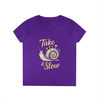 Take It Slow Cute Snail Art V-Neck T-Shirt Relaxed Aesthetic Style | TEEZOCA 