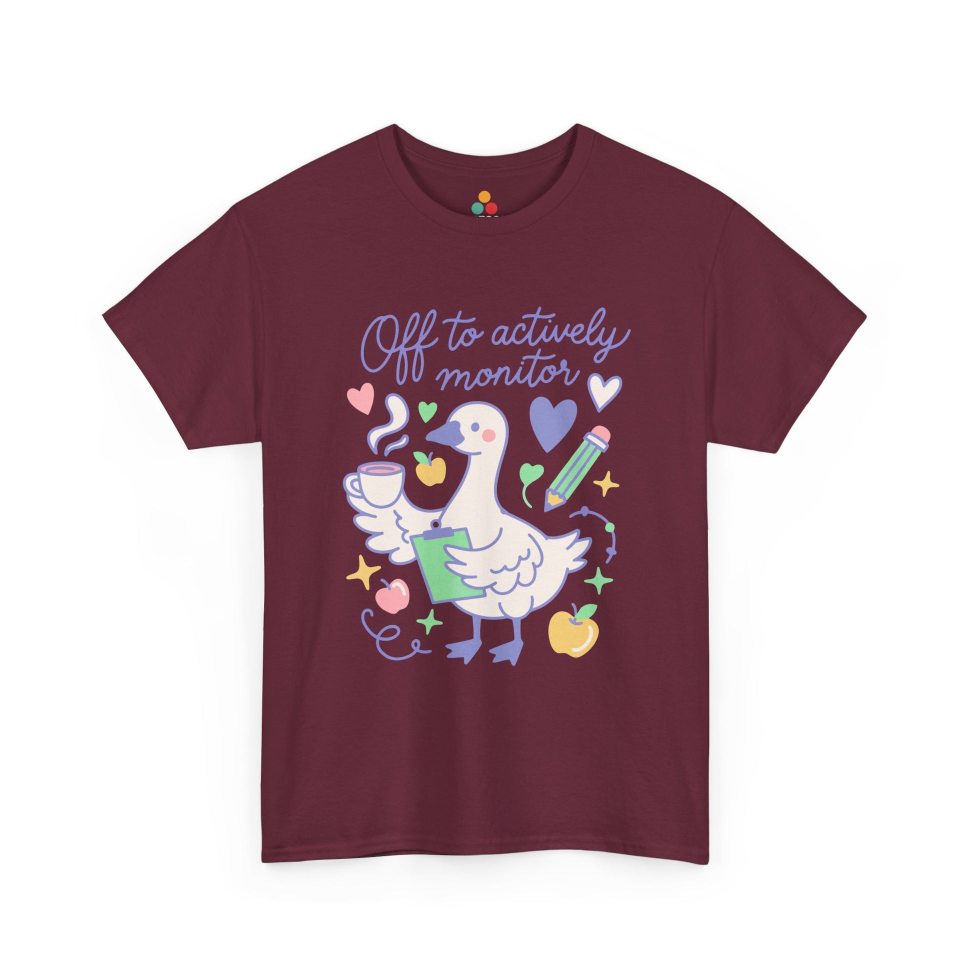 Teacher appreciation shirt from TEEZOCA featuring a cute goose teacher graphic and actively monitoring message.
