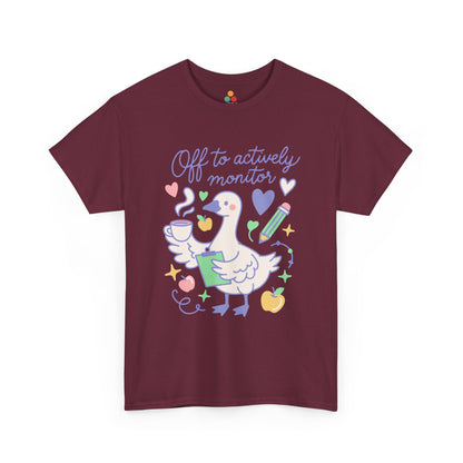 Teacher appreciation shirt from TEEZOCA featuring a cute goose teacher graphic and actively monitoring message.

