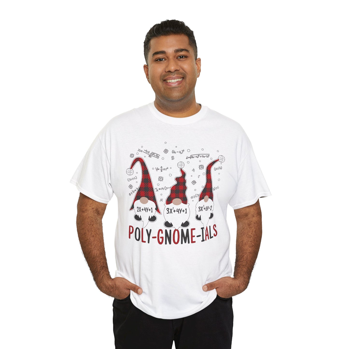 Teacher wearing a TEEZOCA "Poly-Gnome-ials" math gnome t-shirt in white.