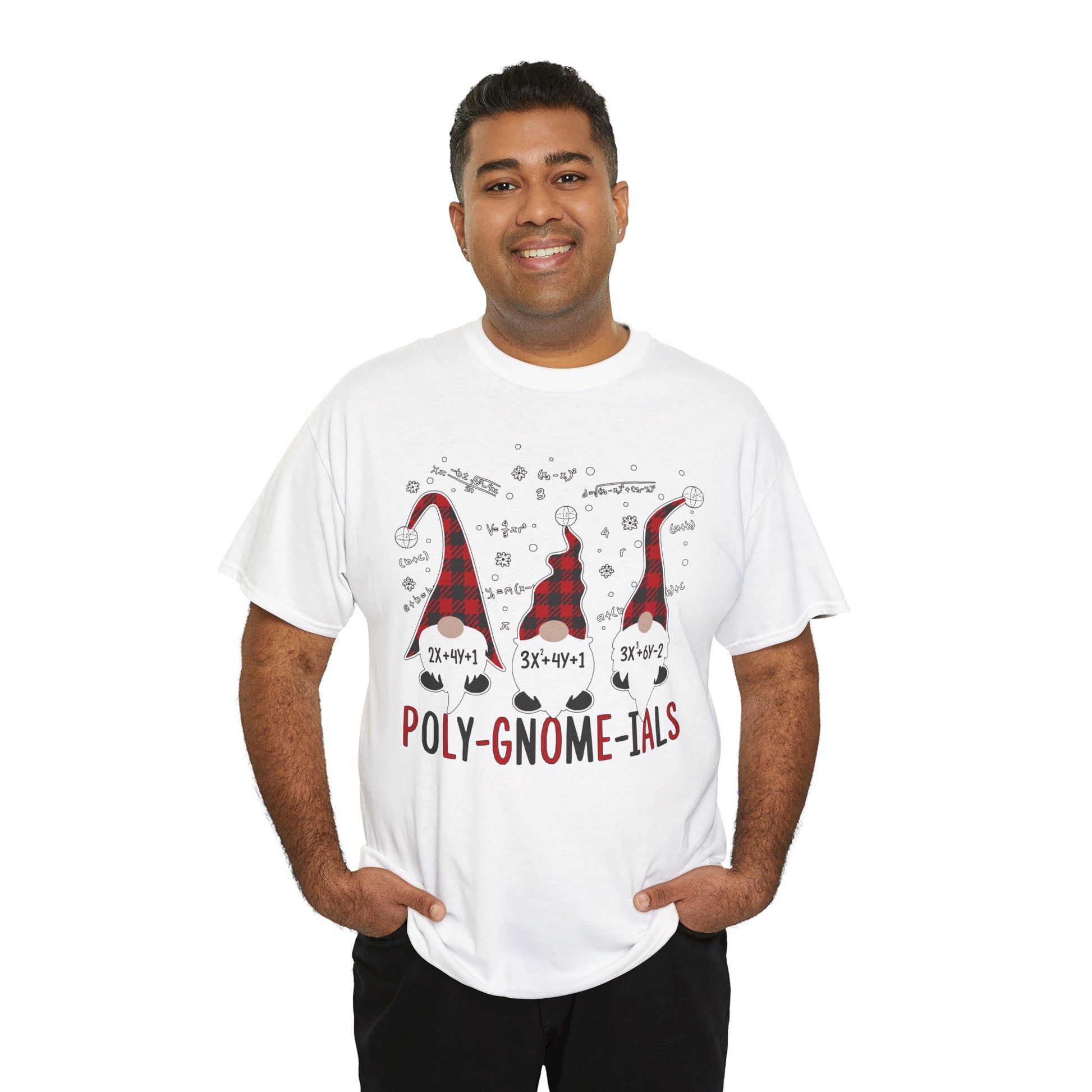 Teacher wearing a TEEZOCA "Poly-Gnome-ials" math gnome t-shirt in white.