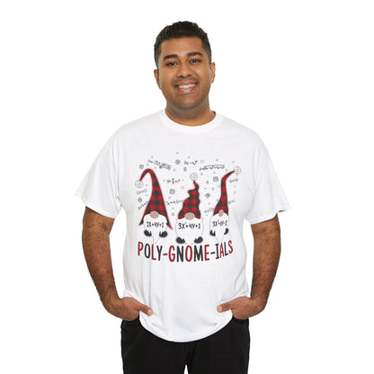 Teacher wearing a TEEZOCA "Poly-Gnome-ials" math gnome t-shirt in white.
