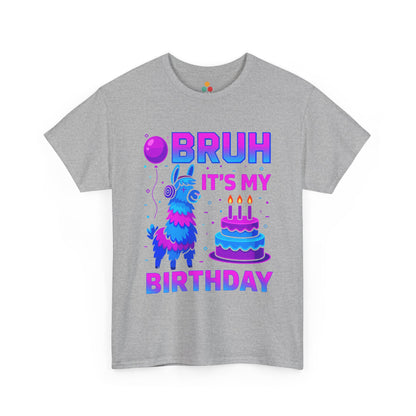 “Teezoca Bruh It’s My Birthday  Gray shirt, neon blue and pink llama, birthday cake, candles, fun party tee, black background, youth and adult sizes”
