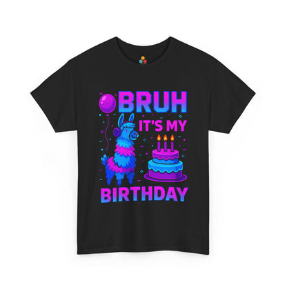 “Teezoca Bruh It’s My Birthday shirt, neon blue and pink llama, birthday cake, candles, fun party tee, black background, youth and adult sizes”

