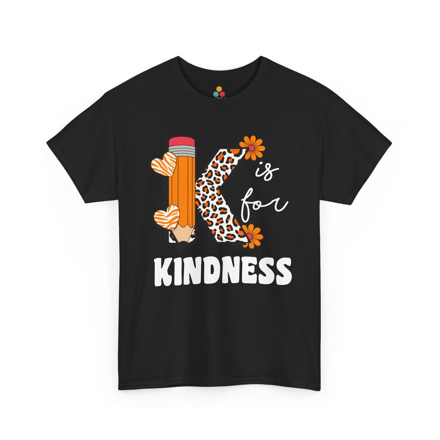 “Teezoca K is for Kindness teacher shirt, bold letter K with leopard print, pencil, orange flowers, hearts, black tee, front”

