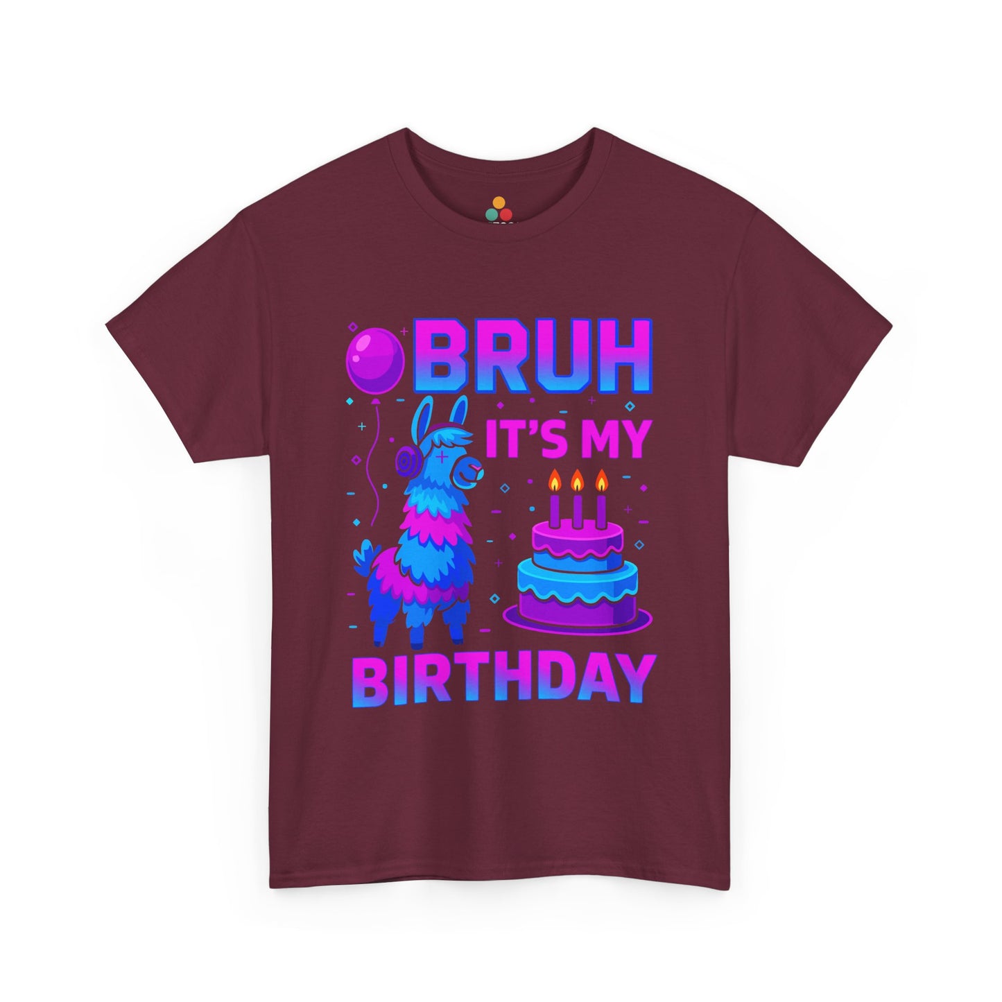 “Teezoca Maroon Bruh It’s My Birthday birthday llama graphic tee, neon blue pink party shirt, candles, balloons, kids birthday gift”

