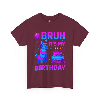 “Teezoca Maroon Bruh It’s My Birthday birthday llama graphic tee, neon blue pink party shirt, candles, balloons, kids birthday gift”

