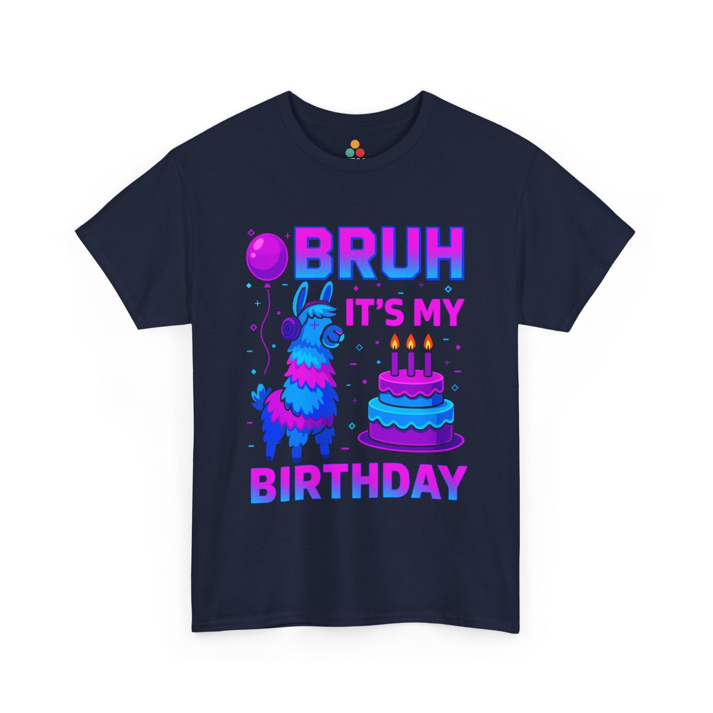 “Teezoca Navy Blue Bruh It’s My Birthday birthday llama graphic tee, neon blue pink party shirt, candles, balloons, kids birthday gift”
