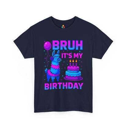 “Teezoca Navy Blue Bruh It’s My Birthday birthday llama graphic tee, neon blue pink party shirt, candles, balloons, kids birthday gift”
