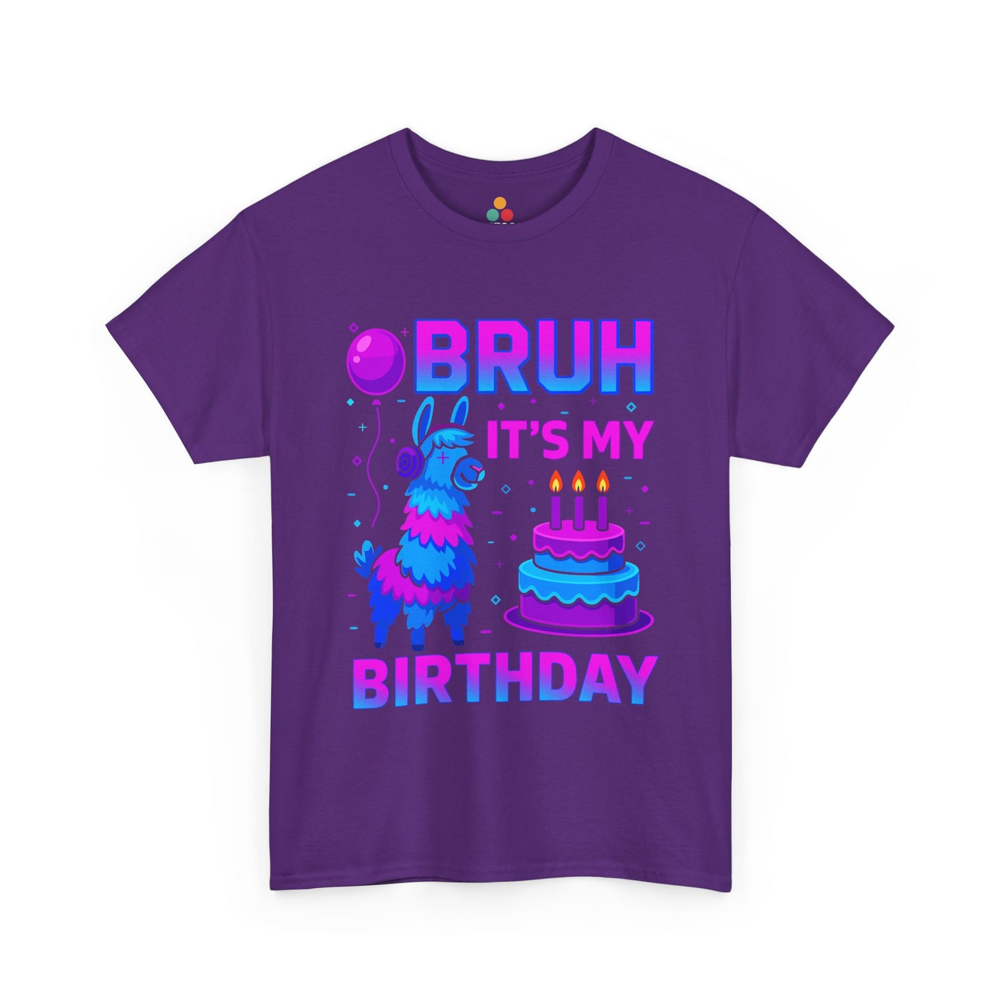 “Teezoca Purple Bruh It’s My Birthday birthday llama graphic tee, neon blue pink party shirt, candles, balloons, kids birthday gift”
