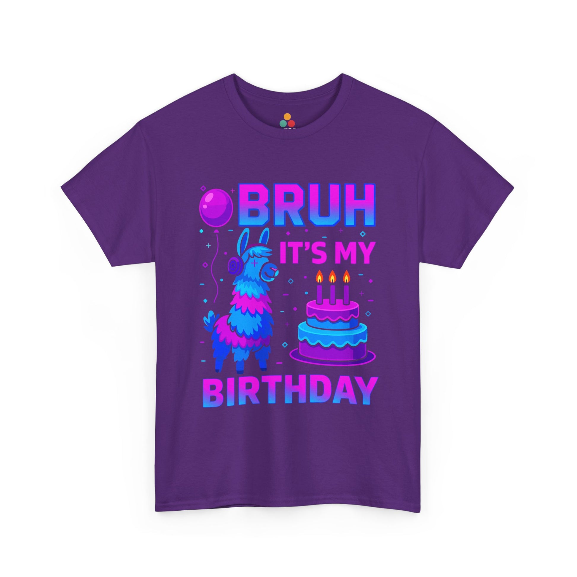 “Teezoca Purple Bruh It’s My Birthday birthday llama graphic tee, neon blue pink party shirt, candles, balloons, kids birthday gift”
