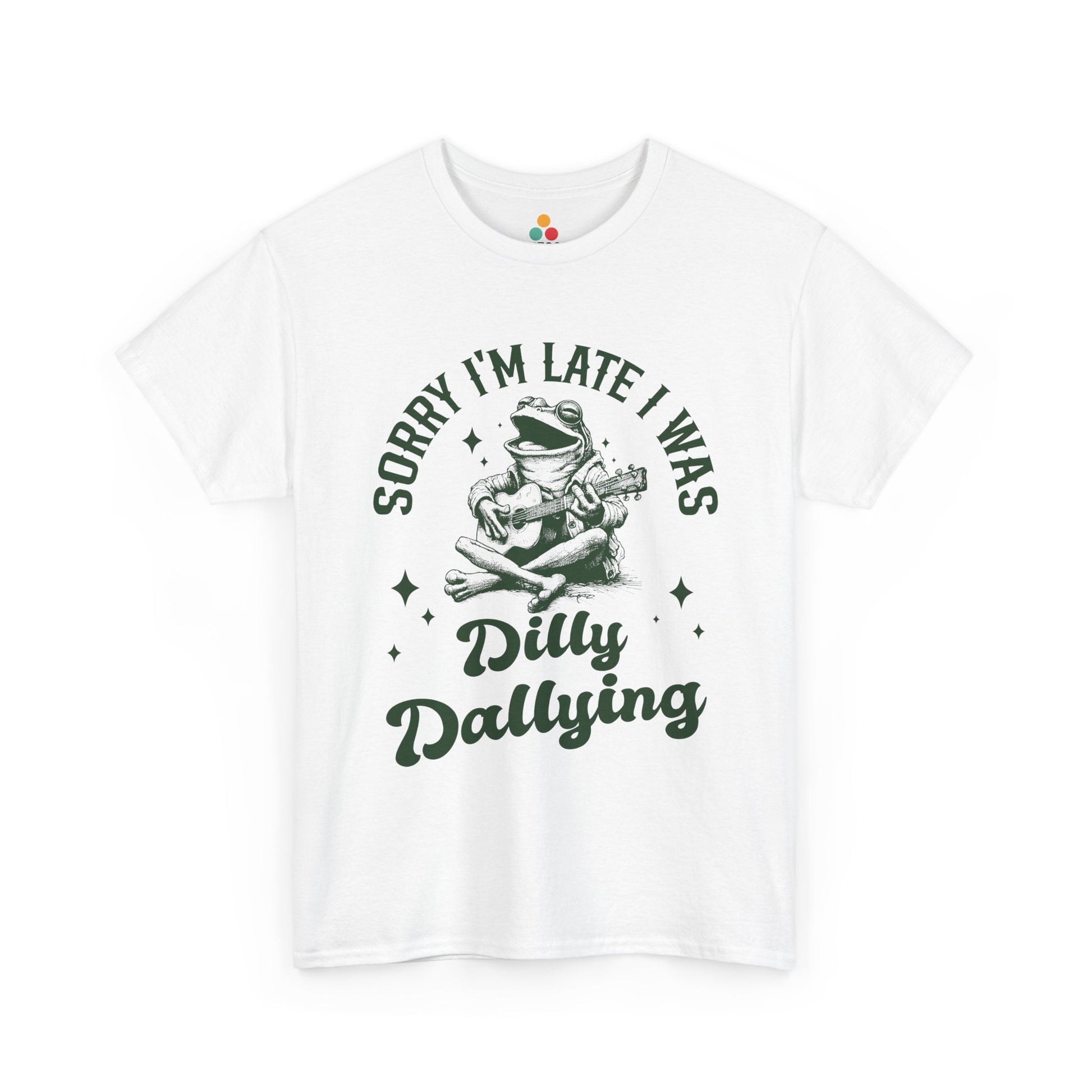 “Teezoca Sorry I’m Late I Was Dilly Dallying shirt, vintage sketch frog playing guitar, whimsical procrastination humor graphic, white tee, front”

