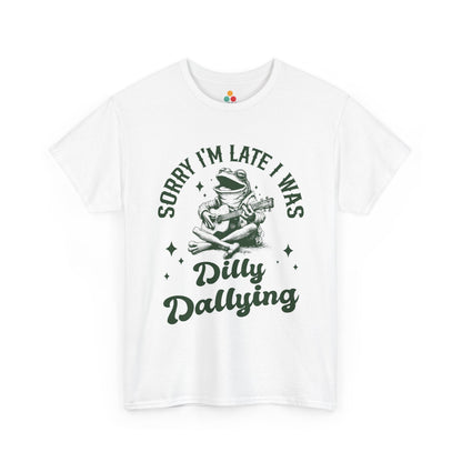 “Teezoca Sorry I’m Late I Was Dilly Dallying shirt, vintage sketch frog playing guitar, whimsical procrastination humor graphic, white tee, front”

