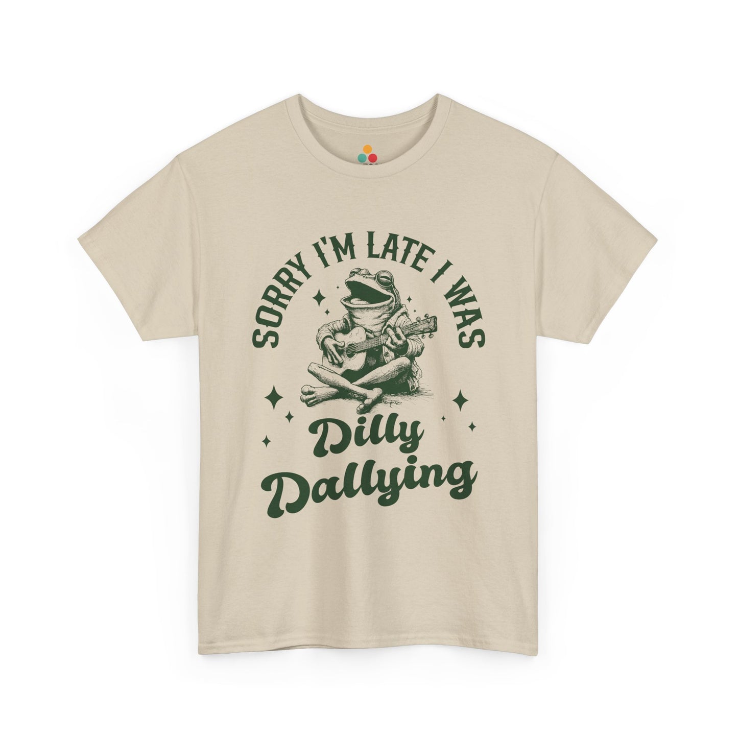 “Teezoca beige Sorry I’m Late I Was Dilly Dallying frog guitar shirt, procrastinator funny quote, vintage whimsical humor, front view”

